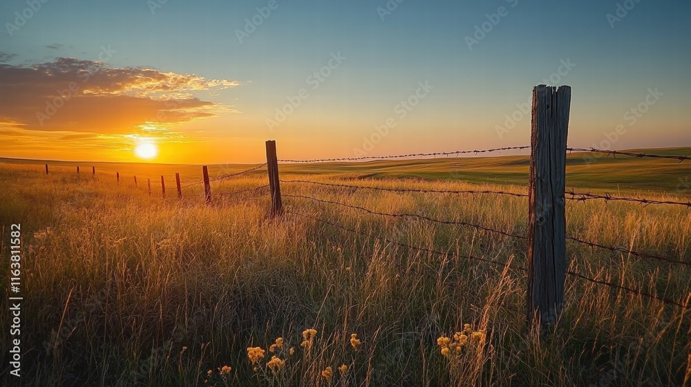 Obraz premium Serene Sunrise Behind Wooden Fence Barbed Wire in a Meadow with Golden Grass and Vibrant Sky Capturing Tranquility of Nature