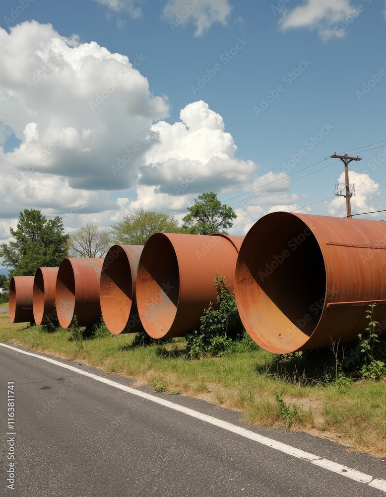 A row of rusty pipes sitting on the side of a road A row of rusty pipes sitting on the side of a road