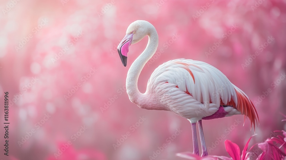 Fototapeta premium A serene pink flamingo stands gracefully against a soft, blurred pink background.