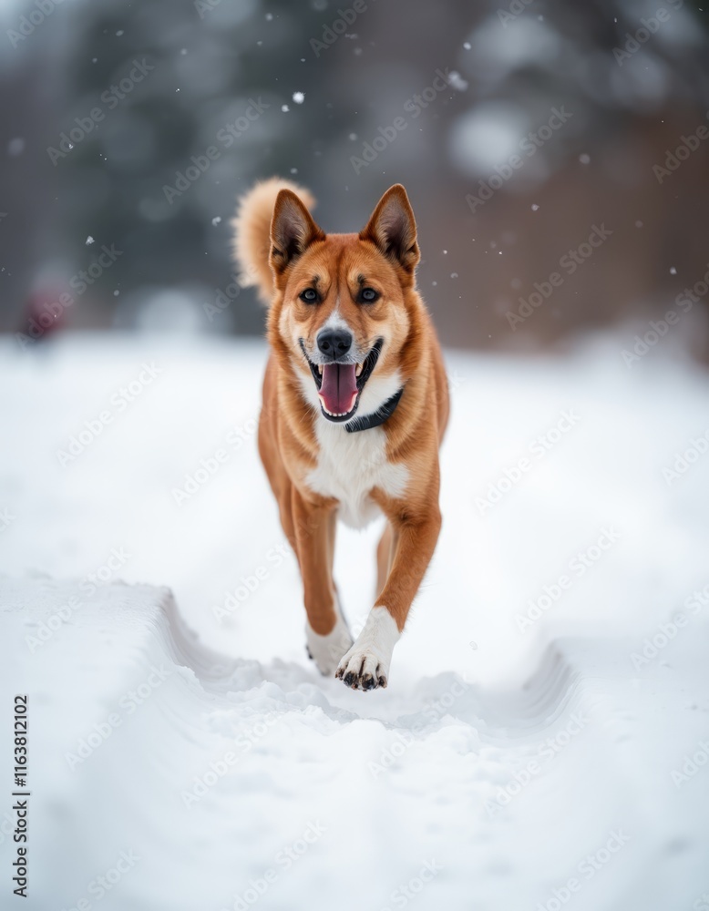 A brown and white dog running through the snow A brown and white dog running through the snow