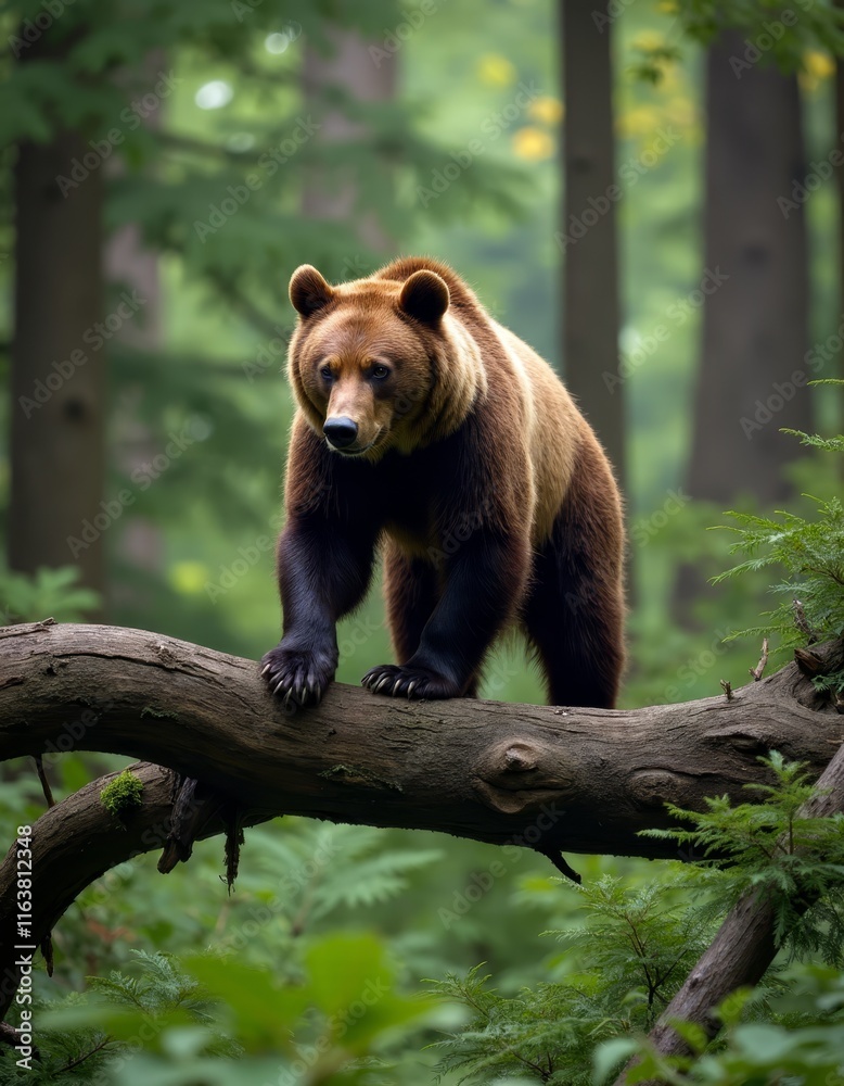 A brown bear standing on a tree branch in a forest A brown bear standing on a tree branch in a forest
