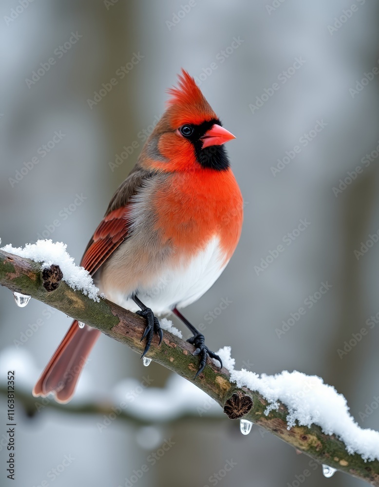 A red bird sitting on a branch covered in snow A red bird sitting on a branch covered in snow