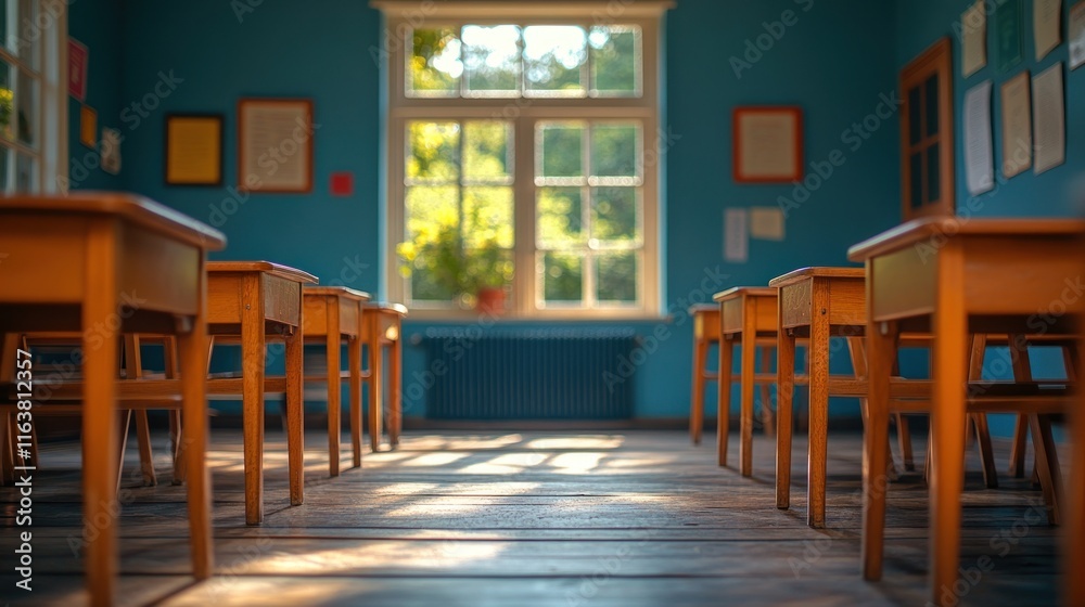 Fototapeta premium Sunlit classroom with empty wooden desks.