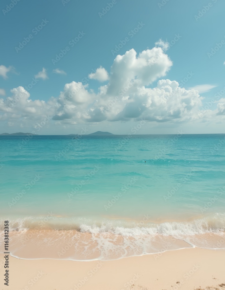 A view of a beach with a blue sky and white clouds A view of a beach with a blue sky and white clouds