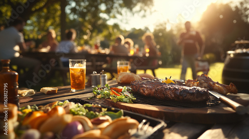 a Braai hosted outdoors in a South African backyard, with a rustic wooden table covered in side dishes like salads, bread, and condiments, and people enjoying drinks in the background
