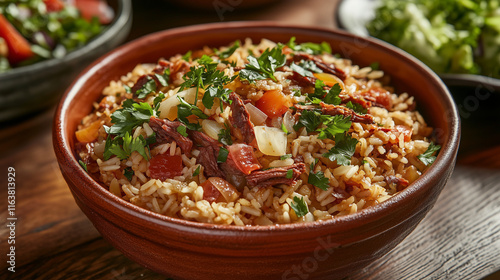 a traditional Brazilian Arroz Carreteiro served in a rustic ceramic dish, featuring cooked rice mixed with dried meat, onions, tomatoes, and parsley, on a wooden table with a side of fresh salad photo