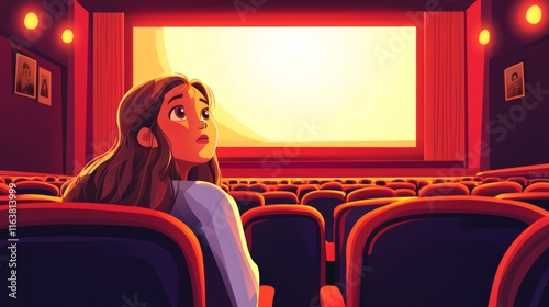 Cinema festival, movie night cartoon flyers set. Young woman with pop corn bucket sitting in dark theater hall front of screen watching interesting film. premiere promo posters Vector illustration, photo