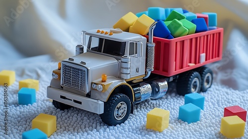 Toy truck loaded with colorful toy blocks surrounded by small foam squares