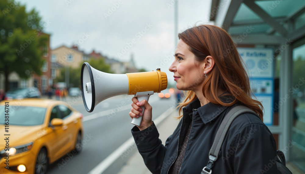 Woman holding megaphone speaking on city street Woman holding megaphone speaking on city street