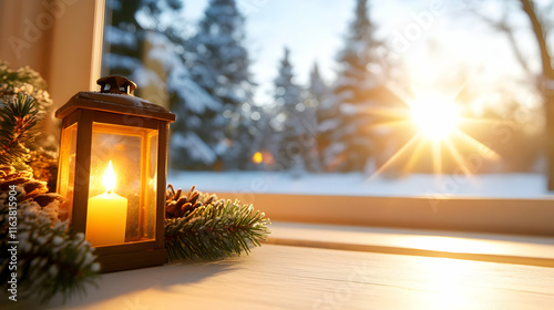 Christmas lantern with candle by window with snowy winter sunset view. photo