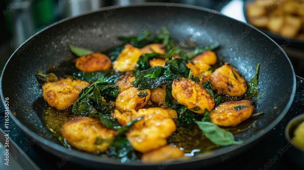 Delicious Fried Food with Green Leaves in Pan Delicious Fried Food with Green Leaves in Pan