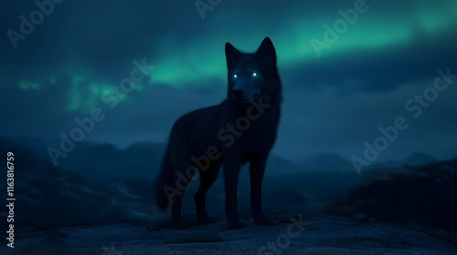 Wolf portrayed as a Norse demigod standing majestically under the northern lights in a mystical landscape