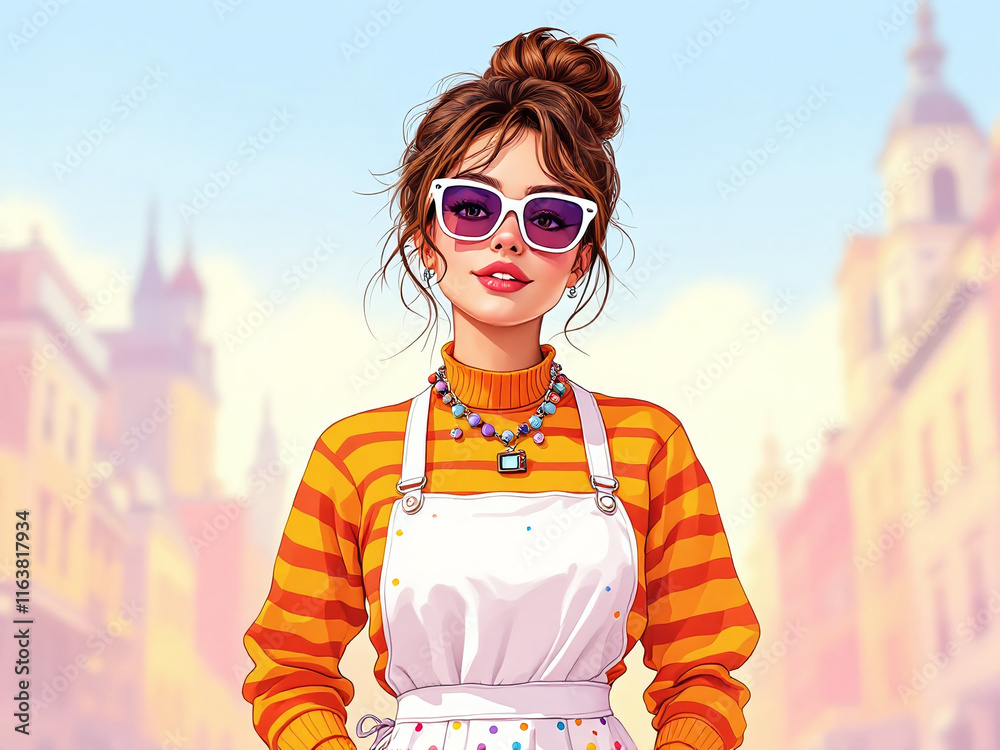 Obraz premium A smiling woman wearing a bright yellow hat and top stands against a city street background. This vibrant image is likely a stock photo of happy travel and summer.