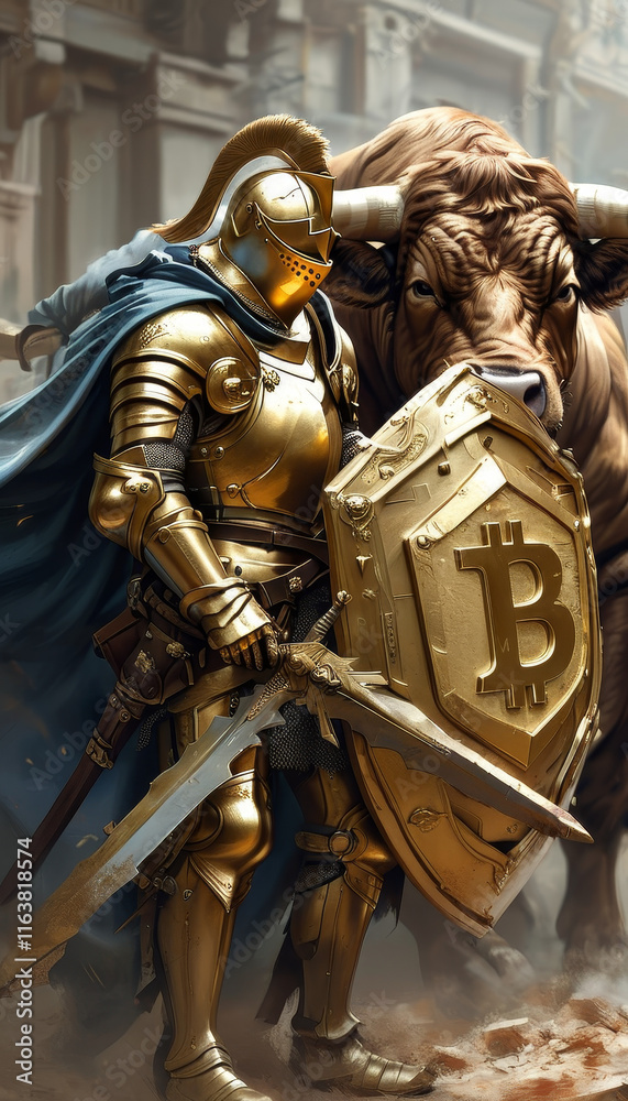 Bitcoin crypto currency concept: golden knight in a plate armour wielding a shield out of a giant bitcoin with a sword, fighting against a giant bull, bull market, crypto trading, high bitcoin price, Bitcoin crypto currency concept: golden knight in a plate armour wielding a shield out of a giant bitcoin with a sword, fighting against a giant bull, bull market, crypto trading, high bitcoin price,