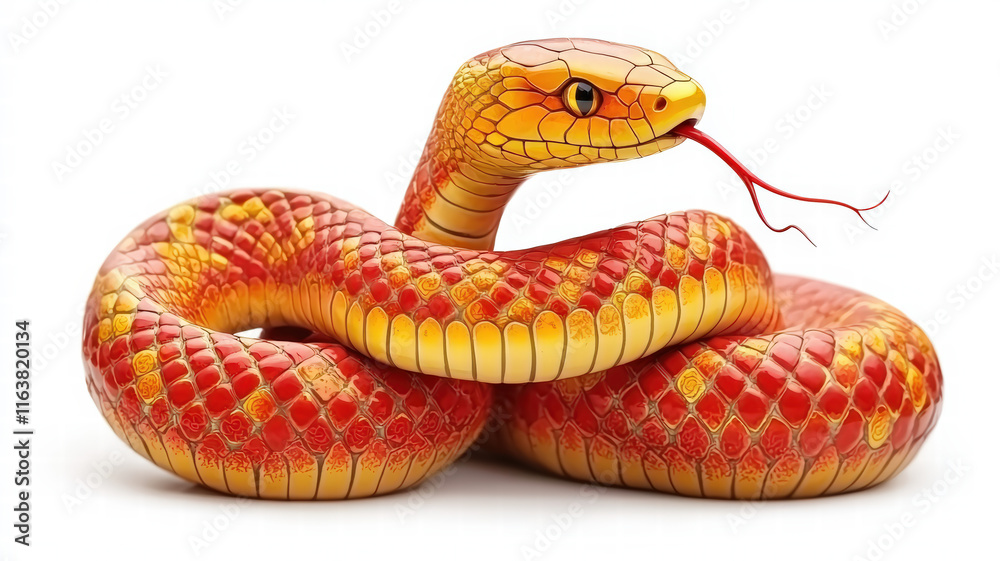 Fototapeta premium A vividly colored snake with orange and yellow scales, coiled elegantly, showcasing its tongue and striking features.