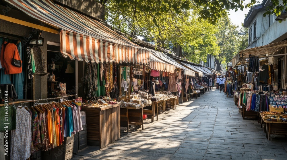 Fototapeta premium Outdoor market stalls, fair booths, wooden kiosks with striped awning, clothes and food products. Wood vendor counters with sunshade for street trading, city retail places, cartoon vector illustration