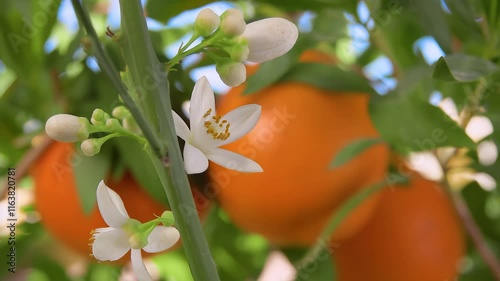 The white orange fragrant flower is blooming on the branch of the green citrus tree . High quality 4k footage