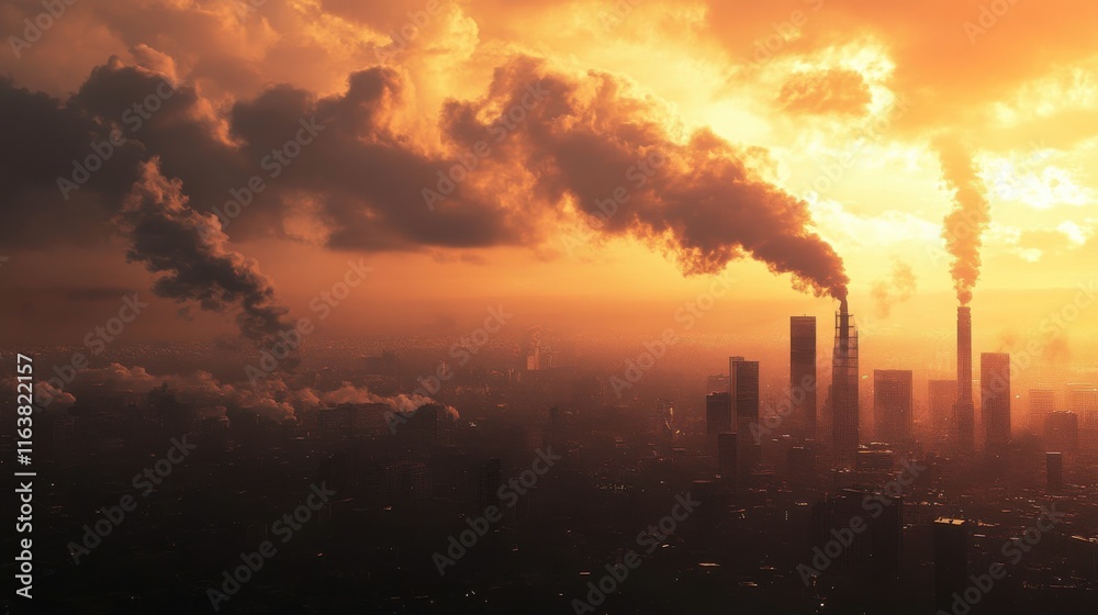 Fototapeta premium Urban Pollution in High-Rise Areas at Sunset