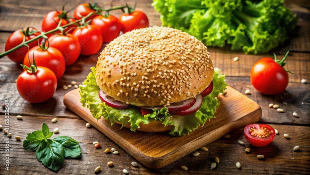 Aerial View of a Freshly Baked Sesame Seed Bun Surrounded by Ingredients for a Delicious Burger, Showcasing its Golden Crust, Fluffy Interior, and Tasty Toppings, Perfect for Food Lovers