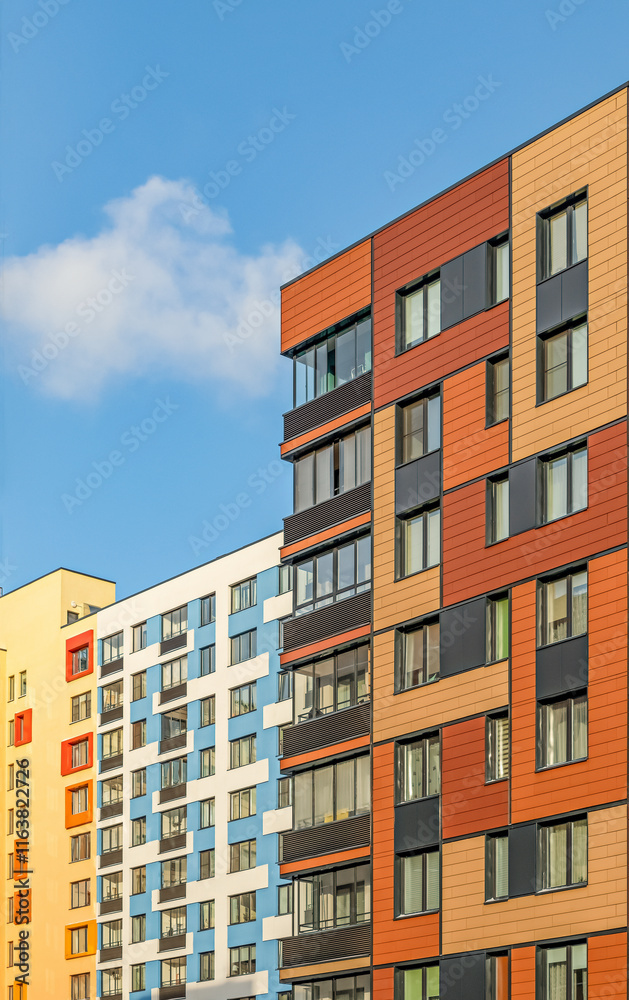 Modern apartment building with colorful facades on the outskirts of the city. Residential Complex 'In the forest', Moscow, Russia