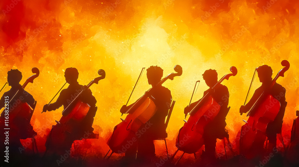 Fototapeta premium Cello players performing with dramatic orange background