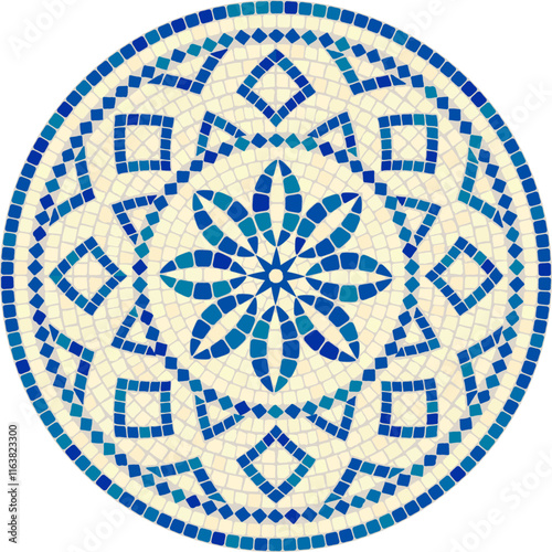 Classic circular mosaic ornament in blue colors on a light background. For ceramics, tiles, ornaments, backdrops and other projects.