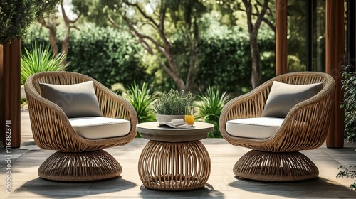 Cozy Outdoor Seating Area with Natural Rattan Chairs and Stylish Coffee Table Surrounded by Lush Greenery and Sunlight photo