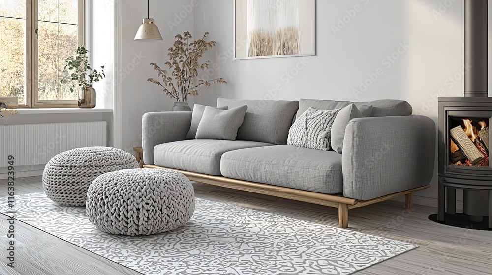 Comfortable Scandinavian living room with a grey sofa, oak wood stove, and knitted footstool on a white patterned rug