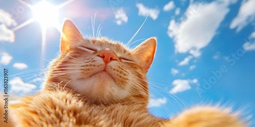Ginger cat basking in the sun with closed eyes against a blue sky.