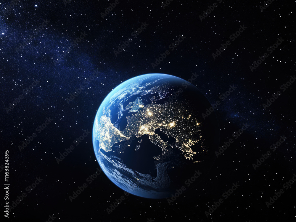Fototapeta premium Stunning view of Earth's night beauty from space, with Europe's stars and city lights shimmering in a blue hue, capturing the enchanting blend of celestial and urban luminance.
