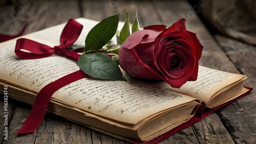 A heartfelt display of love with crimson rose and a handwritten letter. photo