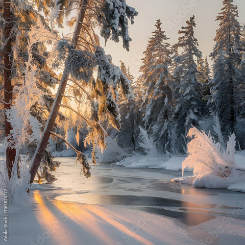 A serene snowy forest at sunset with a frozen river reflecting golden hues. photo