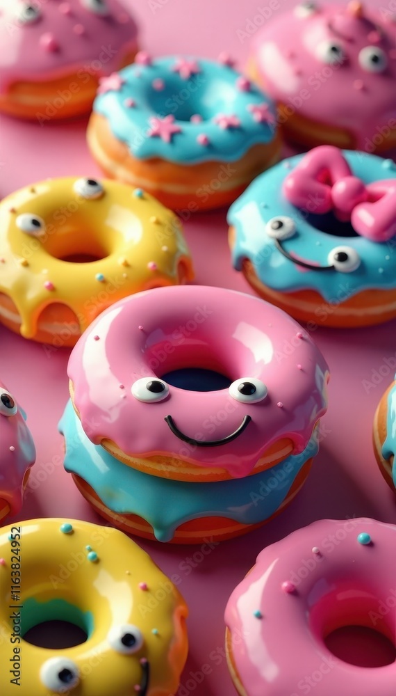 Colorful donuts with bright, shiny eyes and a big smile on their surface , whimsical, baked goods, colorful Colorful donuts with bright, shiny eyes and a big smile on their surface , whimsical, baked goods, colorful