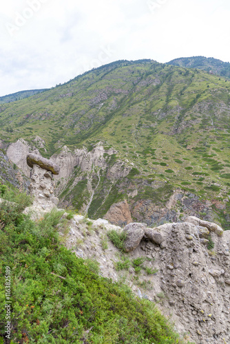 Stone mushrooms (or Akkurum tract) in Chulyshman river valley. Ulagan district, Altai republic, Russia. photo