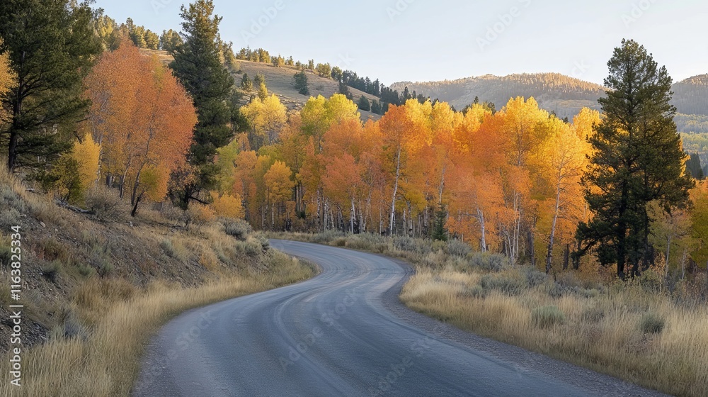 Winding Road Surrounded by Vibrant Autumn Foliage in a Mountainous Landscape During Early Morning Light Winding Road Surrounded by Vibrant Autumn Foliage in a Mountainous Landscape During Early Morning Light