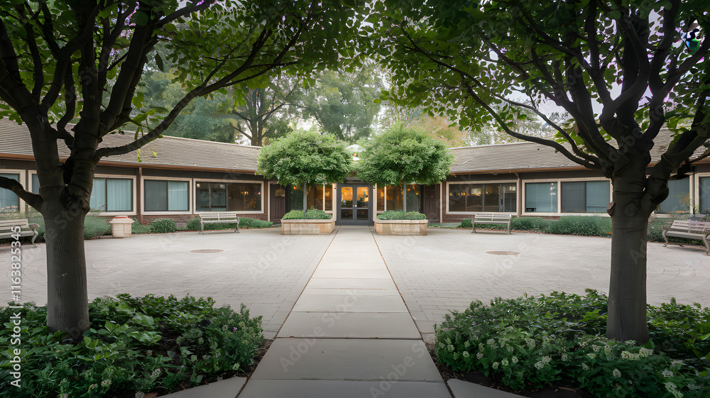 Fototapeta premium Senior care facility exterior with well-maintained garden and welcoming entrance. Emphasizing comfort and dignity in elderly living environments.