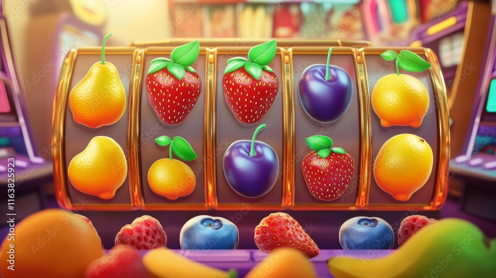 Fototapeta premium Fruit game icons for casino slot machine, gambling, lotteries or mobile puzzle ui elements. Plum, bananas or cherry, blueberry, pear and orange with lemon and strawberry bonus 3d vector cartoon set