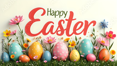 Happy Easter greeting card with colorful eggs and flowers. Concept of spring, celebration, and joy.