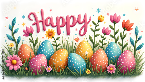 Happy Easter greeting card with colorful eggs and flowers. Concept of spring, celebration, and Easter.
