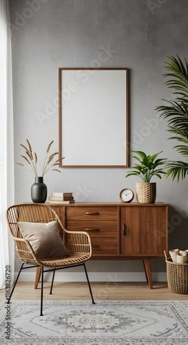 Stylish interior design of living room with wooden retro commode, chair, tropical plant in rattan pot, basket and elegant personal accessories. Mock up poster frame on the wall. Template. Home decor.