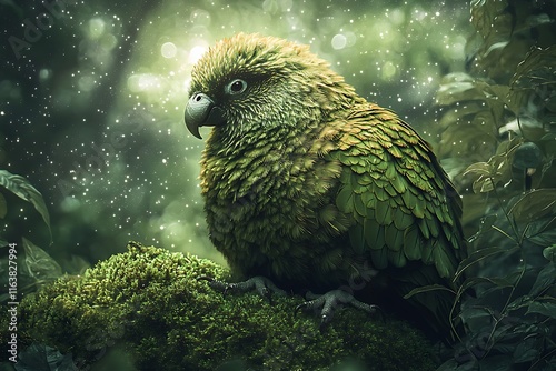 Kakapo on Rock Under Stars, Peaceful Kakapo Nestled on Moss