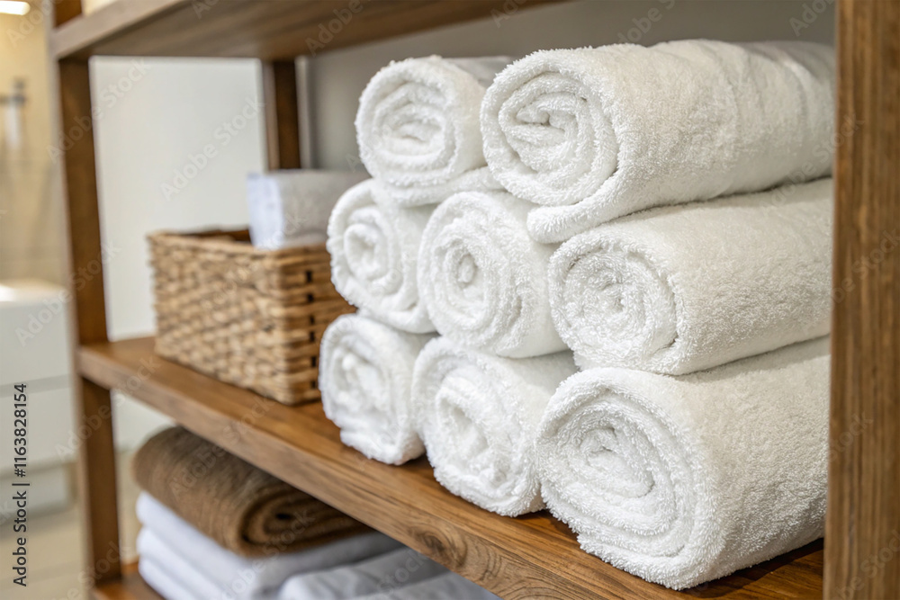A stack of white towels rolled neatly A stack of white towels rolled neatly