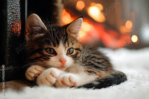 Kitten Curled by Crackling Hearth, Cozy Kitten by Hearth Fire, Cat Relaxing by Fireplace Flames