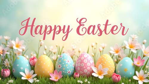 Happy Easter greeting card with decorated eggs and flowers. Concept of spring, celebration, and holiday.