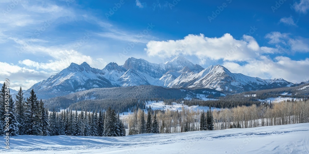 A breathtaking view of snow-covered mountain peaks against a bright winter sky.