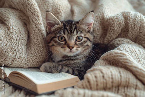 Kitten Resting in Cozy Corner, Cozy Corner with Kitten and Book