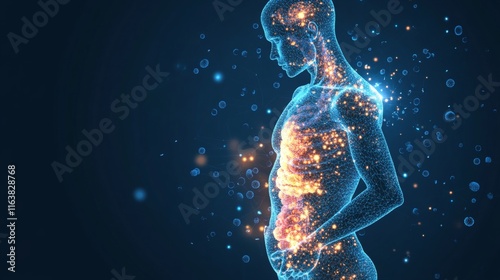 Illuminating human silhouette showcasing glowing stomach and microscopic gut bacteria for wellness #1163828768