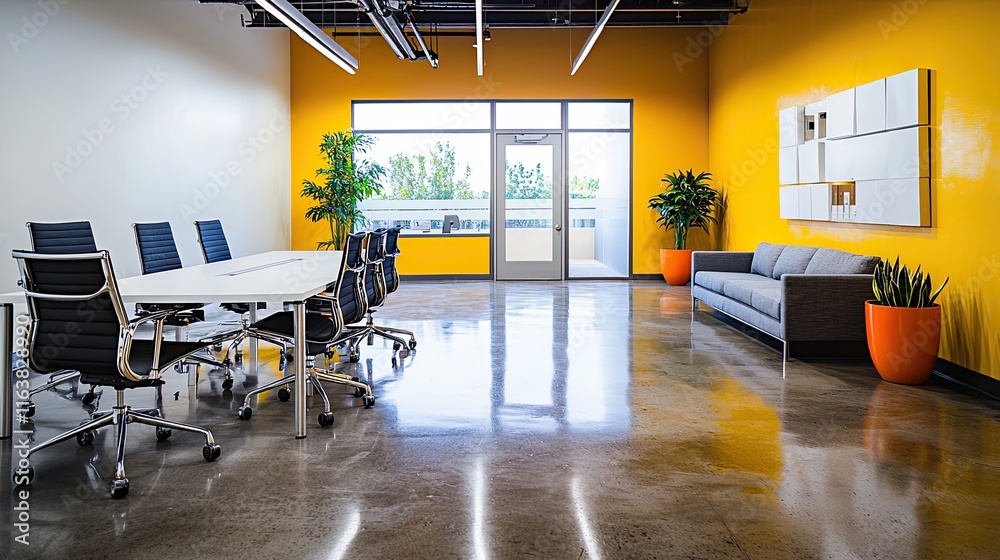 Contemporary office with a yellow accent wall, polished concrete floor, and a conference room in the back