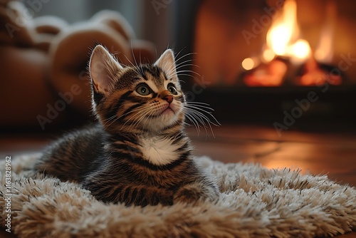 Kitten Resting on Fluffy Rug, Cozy Kitten on Plush Carpet