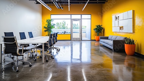 Obraz na płótnie Contemporary office with a yellow accent wall, polished concrete floor, and a conference room in the back w salonie